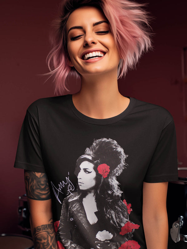 Amy Winehouse | Official Band T-Shirt | Rose Portrait (Black)