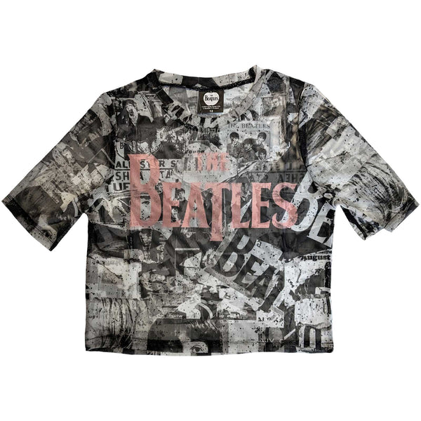The Beatles Ladies Crop Top: All Over Print & Drop T Logo (Mesh)