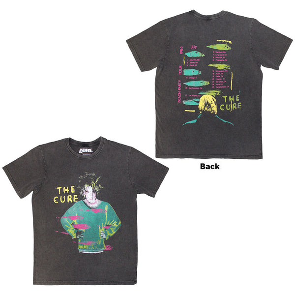 The Cure| Official Band Stone Wash T-Shirt | Beach Party Tour '86 (Charcoal Grey) (Back Print)