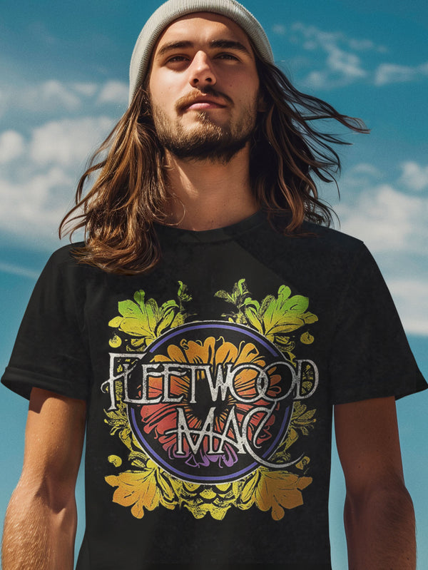 Fleetwood Mac | Official Band Stone Wash T-Shirt | Circle Floral Logo (Black)