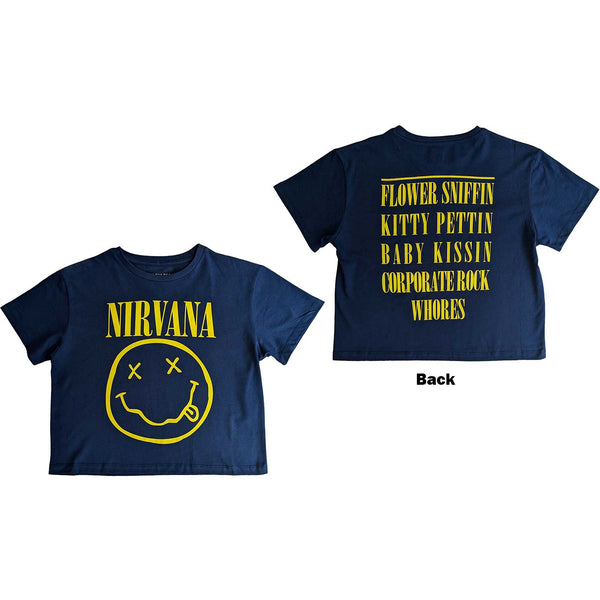 Nirvana Yellow Happy Face Flower Sniffin: Ladies Blue Crop Top (back print)