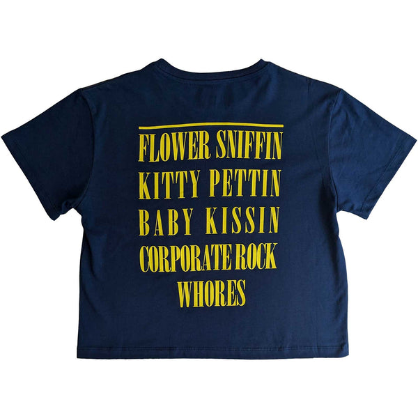 Nirvana Yellow Happy Face Flower Sniffin: Ladies Blue Crop Top (back print)