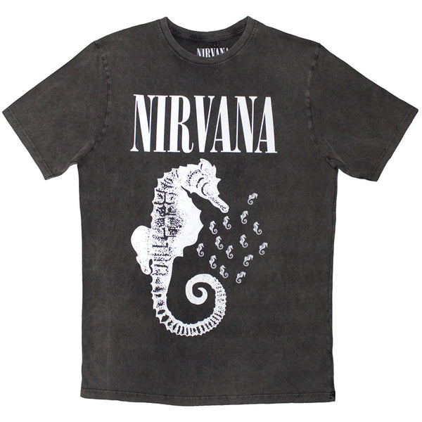 Nirvana | Official Stone Wash Band T-Shirt | Seahorse & Logo Mono (Charcoal Grey)