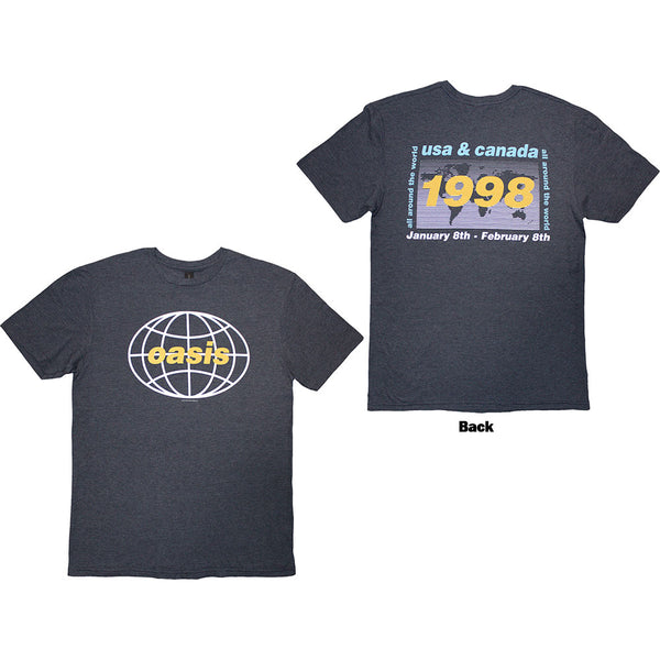 Oasis | Official Band  T-Shirt | 1998 World Tour - USA/Canada (Navy Blue) (Back Print)