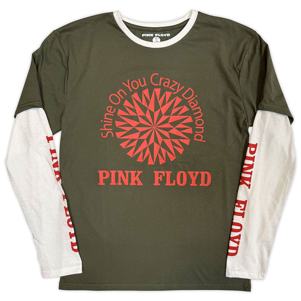 Pink Floyd | Official Band Layered Long Sleeve T-Shirt | Shine On (Green & White) (Sleeve Print)