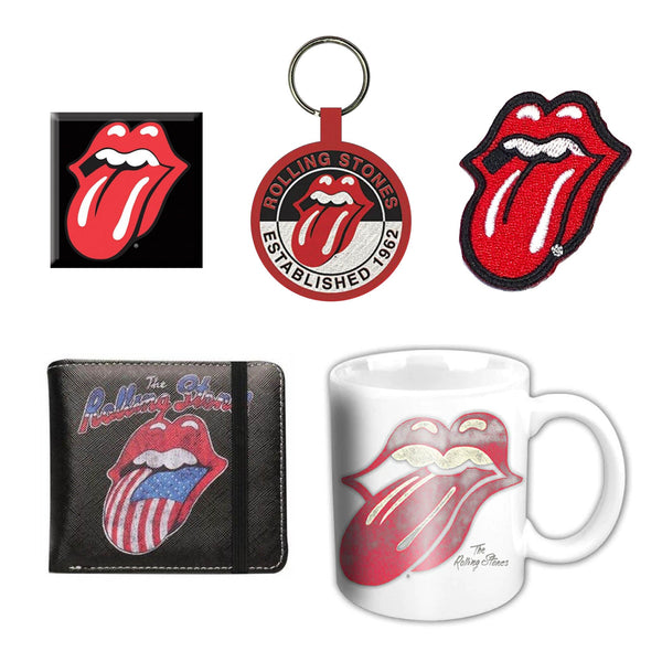 The Rolling Stones Gift Set with boxed Coffee Mug, Woven Patch, Rubber Keychain, Fridge Magnet & Wallet