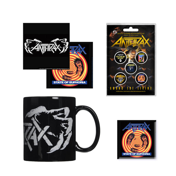 Anthrax Gift Set with boxed Coffee Mug, 5 x Button Badges, 2 x Drinks Coasters, Fridge Magnet