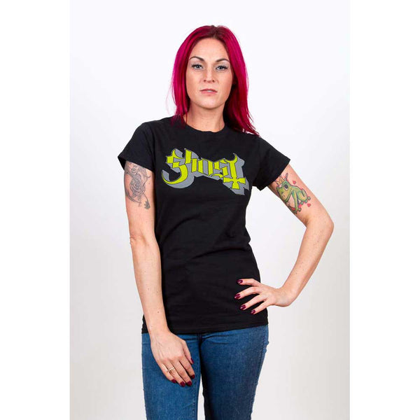 Ghost Ladies T-Shirt: Green/Grey Keyline Logo (Skinny Fit)