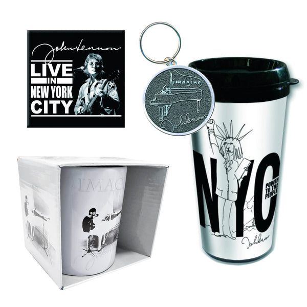 John Lennon Gift Set with boxed Coffee Mug, Travel Mug, Keychain, Fridge Magnet