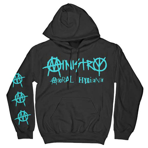 Ministry Unisex Pullover Hoodie: Moral Hygiene Gasmask (Back & Arm Print)