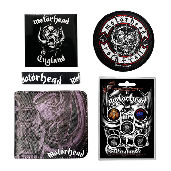Motorhead Gift Set with Wallet, Sew on Patch, Gummy Wristband, 5 Button Badges, Fridge Magnet