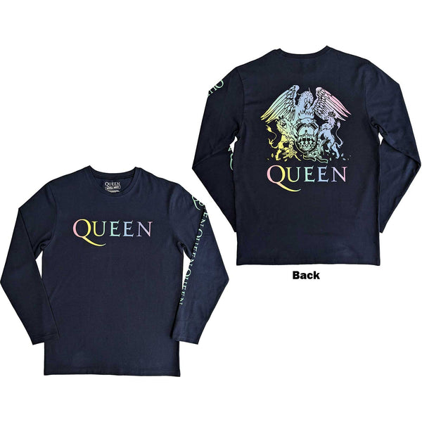 Queen | Official Band Long Sleeve T-Shirt | Rainbow Crest (Back & Sleeve Print)