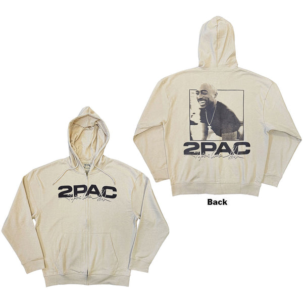 Tupac | Official Band T-Shirt Zipped Hoodie | Logo & Black Portrait (Sand) (Back Print)