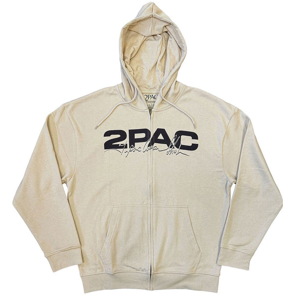 Tupac | Official Band T-Shirt Zipped Hoodie | Logo & Black Portrait (Sand) (Back Print)