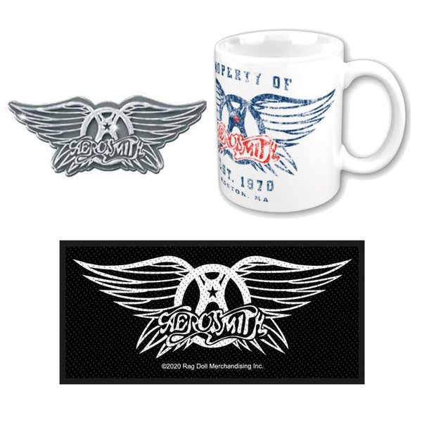 Aerosmith Gift Set with boxed coffee mug, pin badge and woven patch