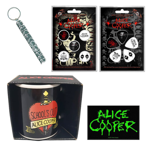 Alice Cooper Gift Set with boxed Coffee Mug, Keychain, Button Badges Set, Plectrum Set, Woven Patch