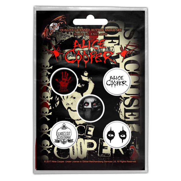 Alice Cooper Gift Set with boxed Coffee Mug, Keychain, Button Badges Set, Plectrum Set, Woven Patch