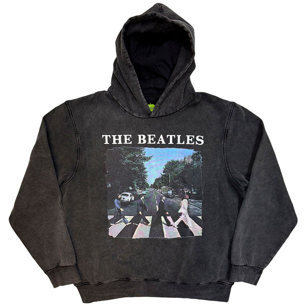 The Beatles | Official Band Stone Wash Hoodie | Abbey Road & Logo (Charcoal Grey)