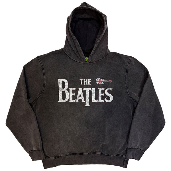 The Beatles | Official Band Stone Wash Hoodie | Guitar & Drop T (Charcoal Grey)