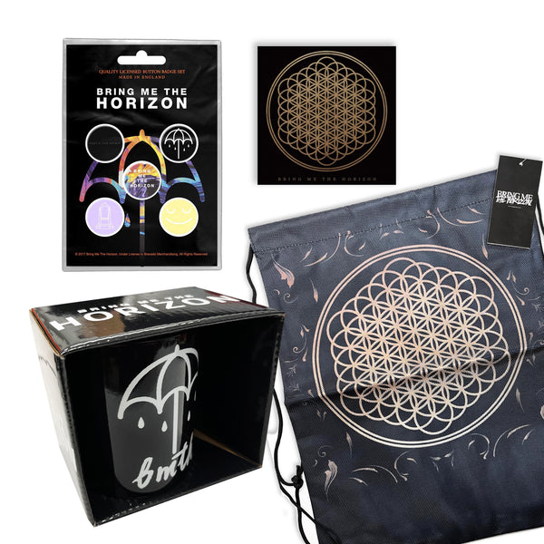 Bring Me The Horizon gift set with boxed Coffee Mug, Drink Coaster, Drawstring Bag and 5 x button badges