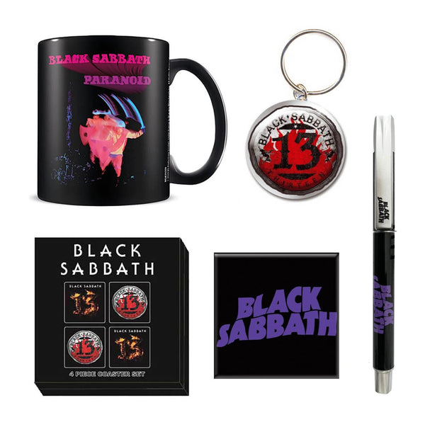 Black Sabbath Gift Set with Boxed Coffee Mug, Licensed Drink Coaster set (4 pieces), Fridge Magnet, Keychain, and Pen