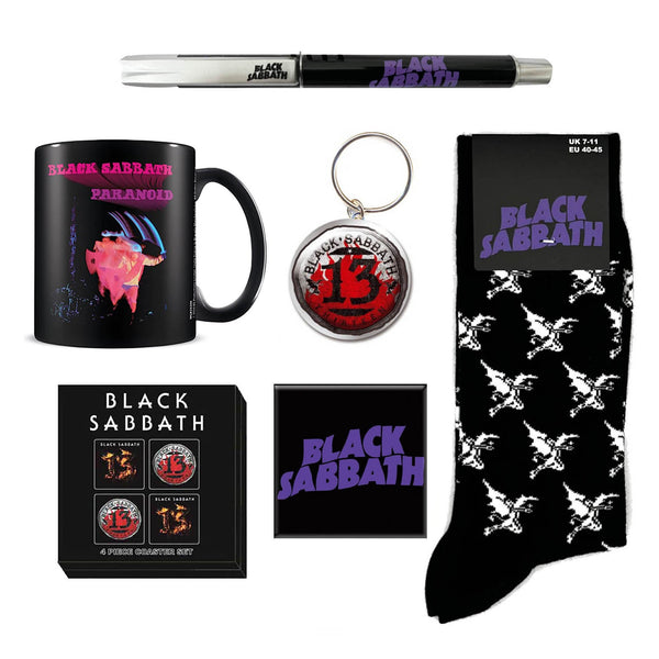 Black Sabbath Gift Set with Boxed Coffee Mug, Licensed Drink Coaster set (4 pieces), Fridge Magnet, Keychain, Socks, Pen