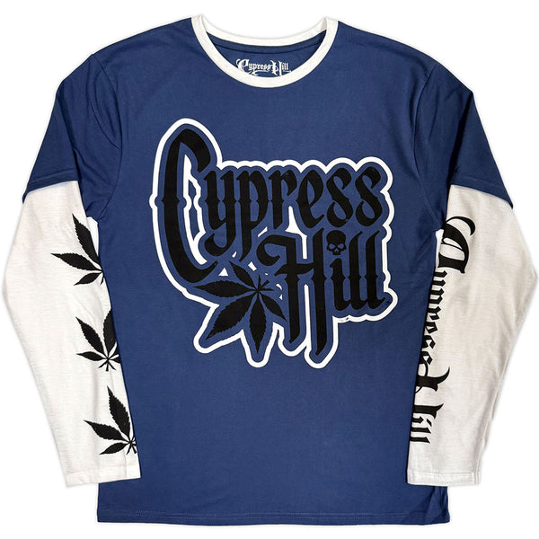 Cypress Hil | Official Band Layered Long Sleeve T-Shirt | Leaf & Logo (Denim Blue & White) (Sleeve Print)