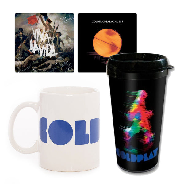 Coldplay Gift Set with boxed Coffee Mug, Travel Mug and Coaster Set.