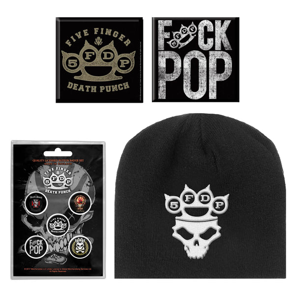 Five Finger Death Punch gift set with Beanie, 5 x Button Badges, Fridge Magnet, Drinks Coaster