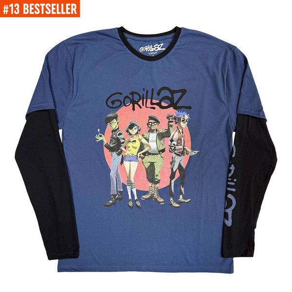 Gorillaz | Official Band Layered Long Sleeve T-Shirt | Group Circle Rise (Denim Blue & Black) (Sleeve Print)