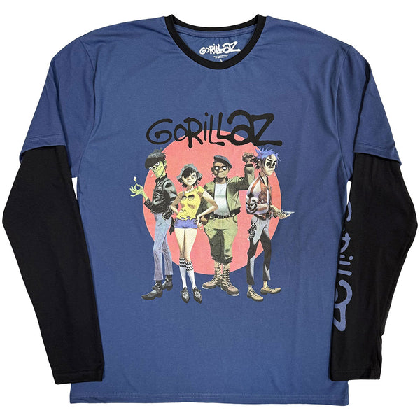 Gorillaz | Official Band Layered Long Sleeve T-Shirt | Group Circle Rise (Denim Blue & Black) (Sleeve Print)