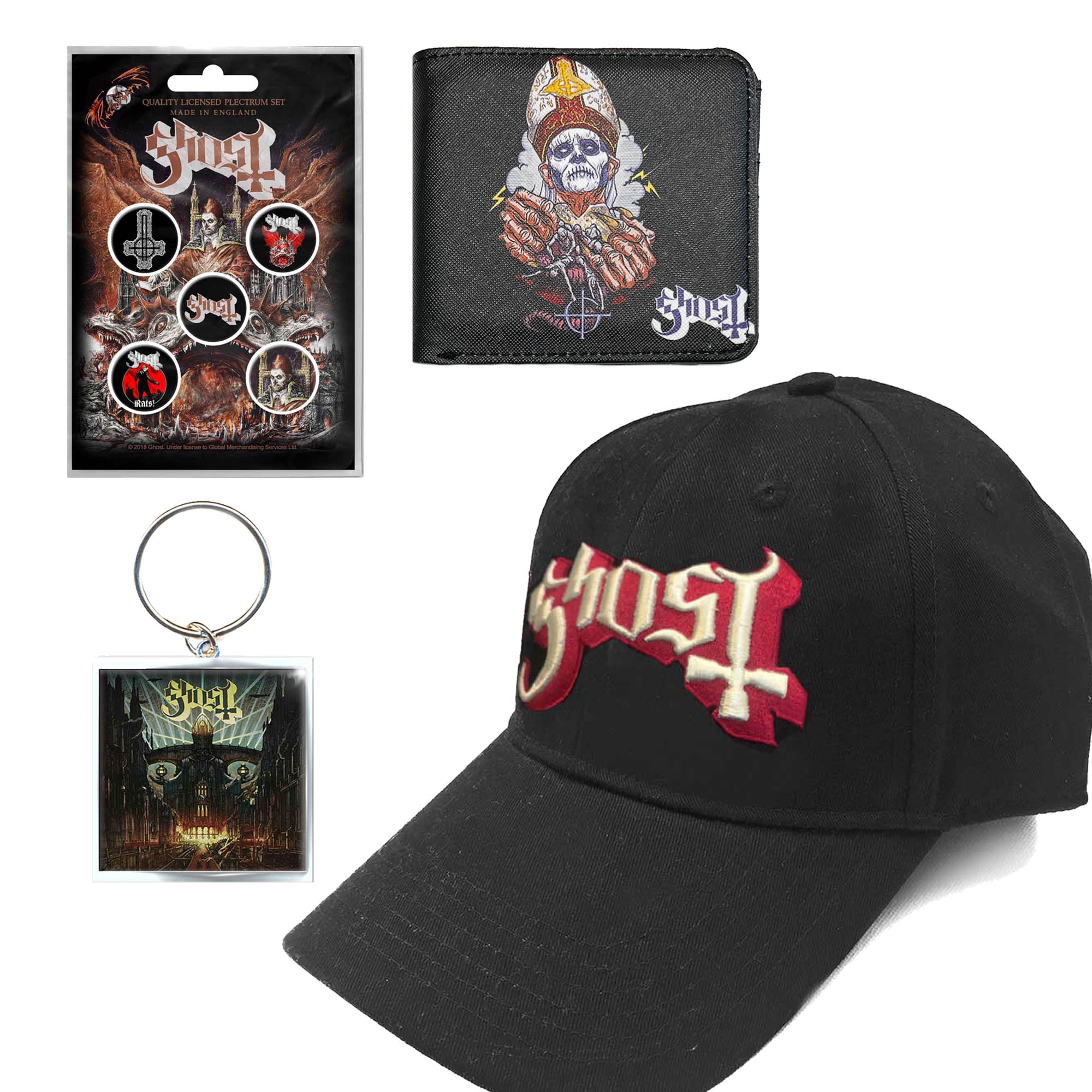 Ghost Gift Set with Ghost Papa Nihil (Wallet), Keychain, Baseball Cap, 5 x  Button Badges, Woven Patch