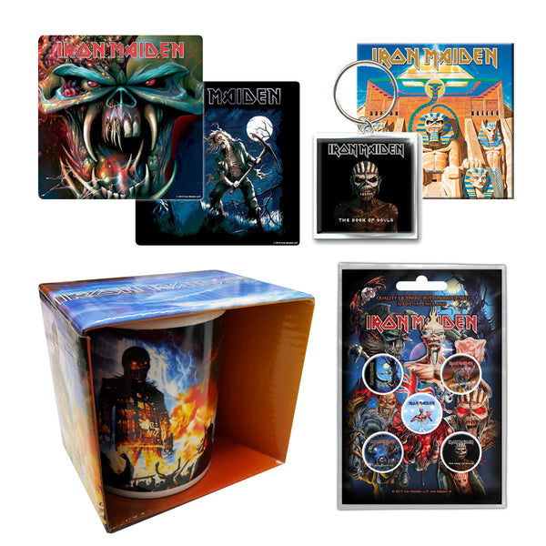 Iron Maiden Gift Set with boxed Coffee Mug, 1 x Drinks Coasters, 2 x Fridge Magnet, Keychain, 5 x Button Badges