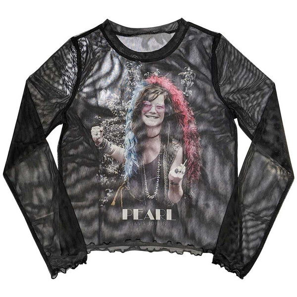 Janis Joplin | Official Ladies Long Sleeve Crop Top | Pearl Garden (Mesh)