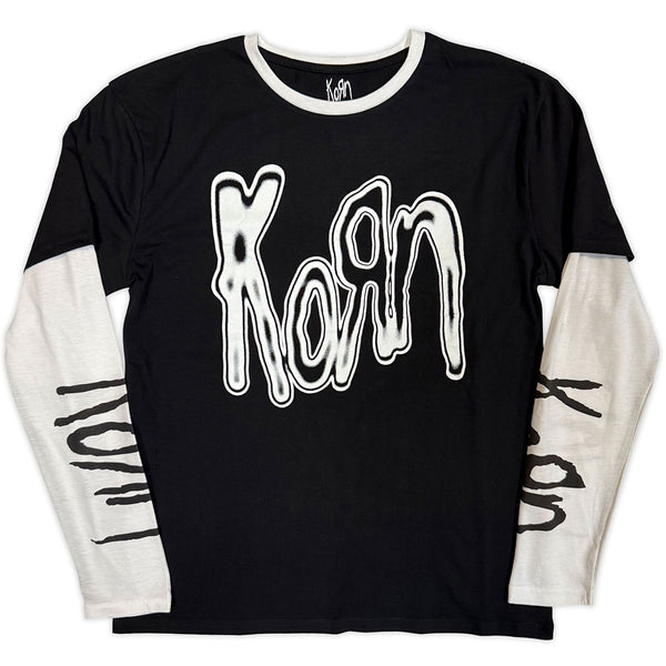 Korn | Official Band Layered Long Sleeve T-Shirt | Metallic Logo (Black & White) (Sleeve Print)