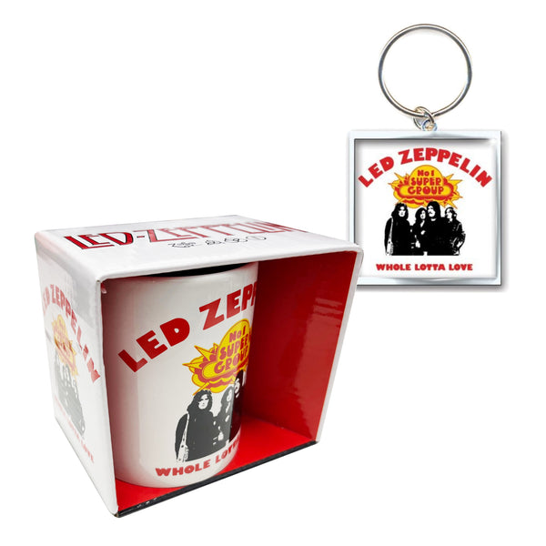 Led Zeppelin Gift Set with Boxed Coffee Mug and Keychain featuring the 'Whole Lotta Love' design motif.