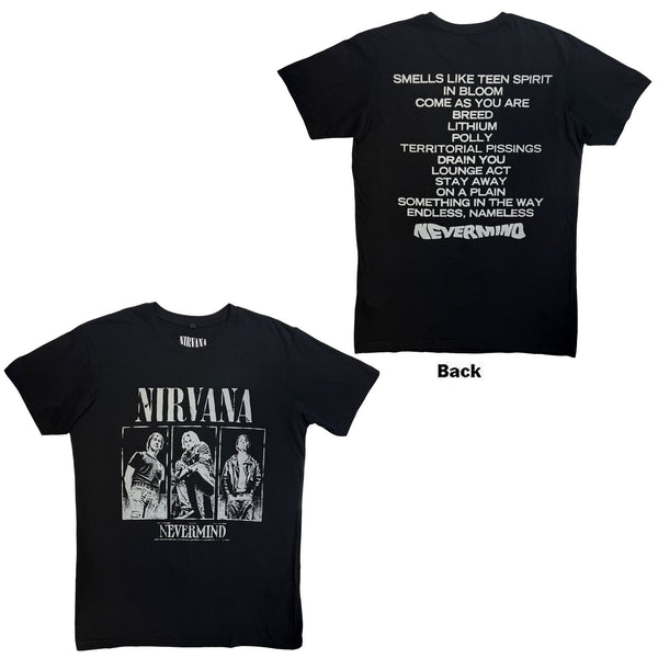 Nirvana | Official Band Carbon T-Shirt | Nevermind Tracklist (Black) (Back Print)