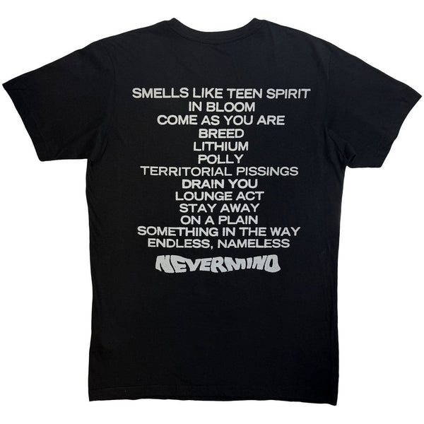 Nirvana | Official Band Carbon T-Shirt | Nevermind Tracklist (Black) (Back Print)
