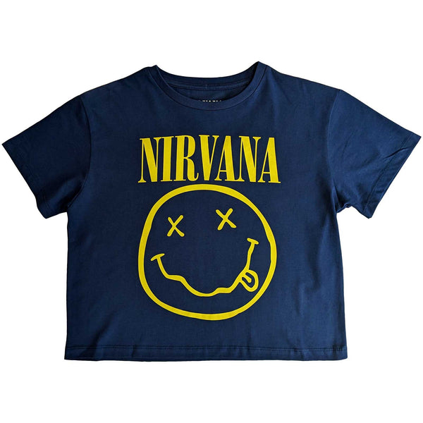 Nirvana Yellow Happy Face Flower Sniffin: Ladies Blue Crop Top (back print)