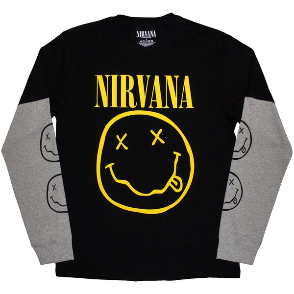 Nirvana | Official Layered Long Sleeve T-Shirt | Yellow Happy Face (Sleeve Print)