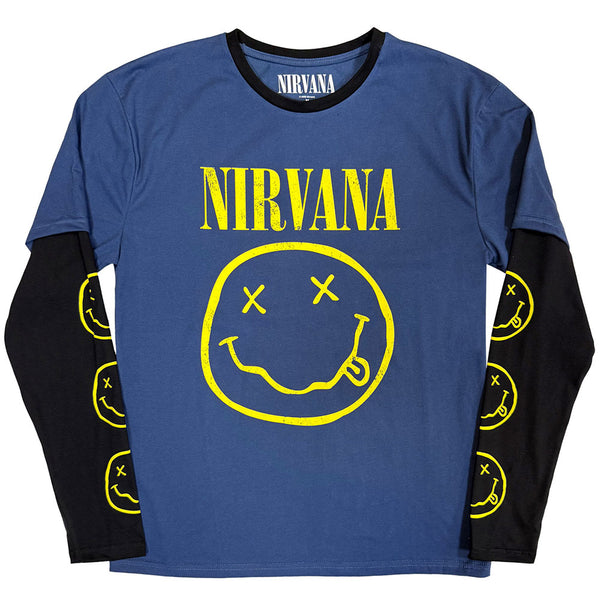 Nirvana | Official Band Layered Long Sleeve T-Shirt | Yellow Happy Face (Denim Blue & Black) (Sleeve Print)