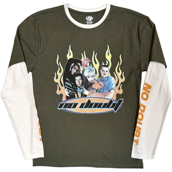 No Doubt | Official Band Layered Long Sleeve T-Shirt | Flames (Green & White) (Sleeve Print)