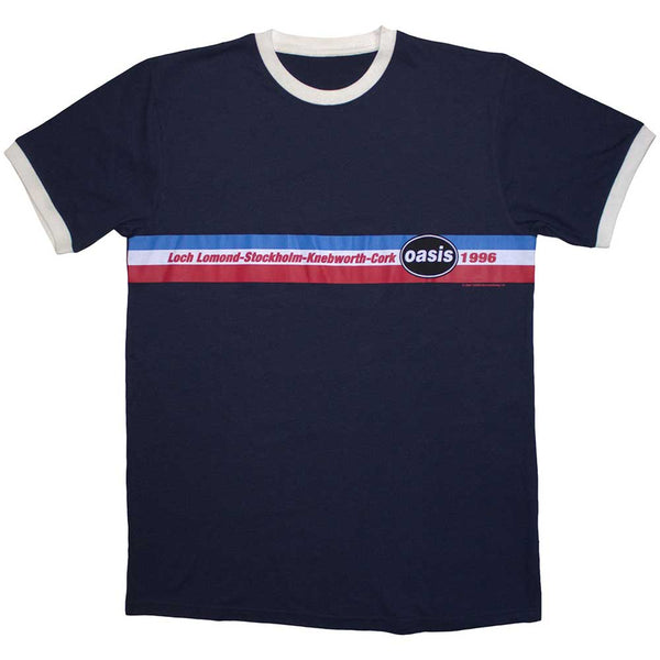 Oasis | Official Band Ringer T-Shirt | 1996 Tour Horizontal Stripes Ringer (Navy)