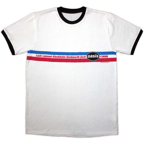 Oasis | Official Band Ringer T-Shirt | 1996 Tour Horizontal Stripes Ringer (White)