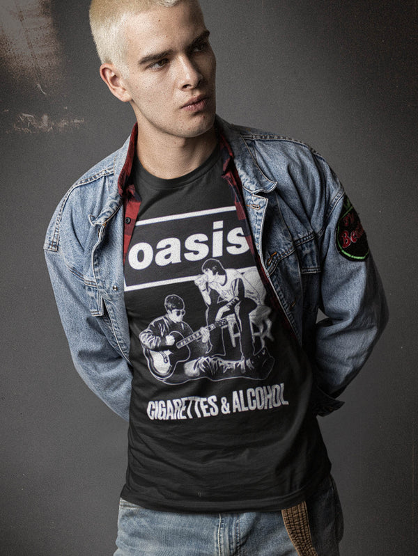 Oasis | Official Band  T-Shirt | Cigarettes & Alcohol Illustration Mono