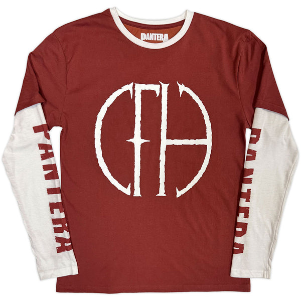 Pantera | Official Band Layered Long Sleeve T-Shirt | Frayed Logo (Red & White) (Sleeve Print)