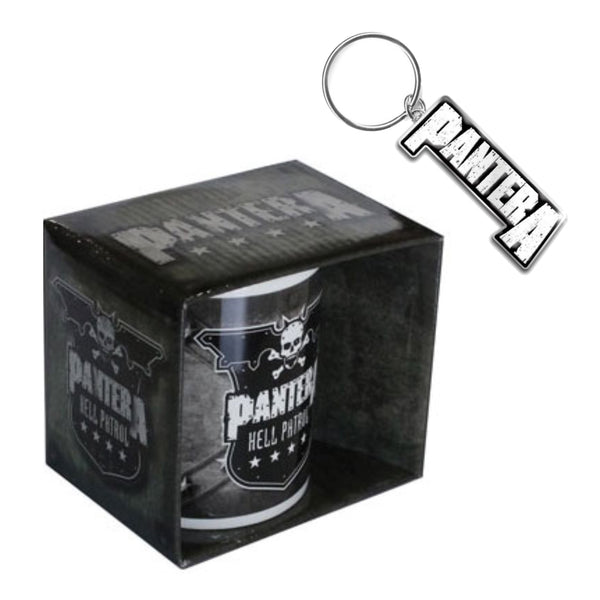 Pantera Gift Set with boxed Coffee Mug featuring the 'Pantera Hell Patrol' design motif and Keychain