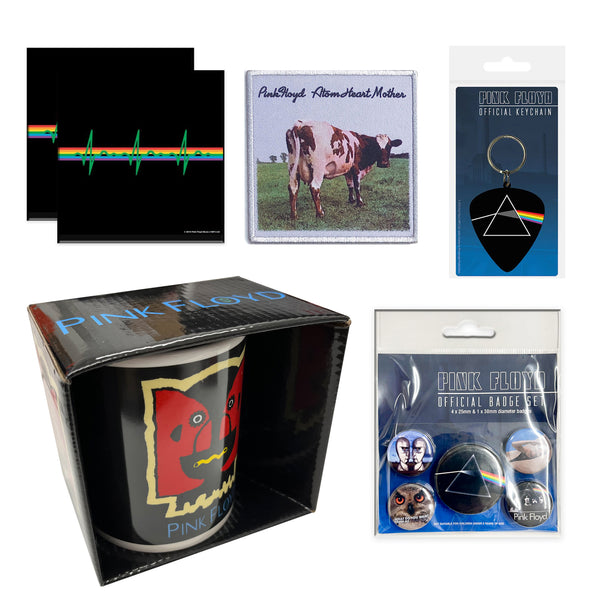 Pink Floyd Gift set with boxed Coffee Mug, Rubber Keyring, Button Badges, Coasters and Sew on Patch.