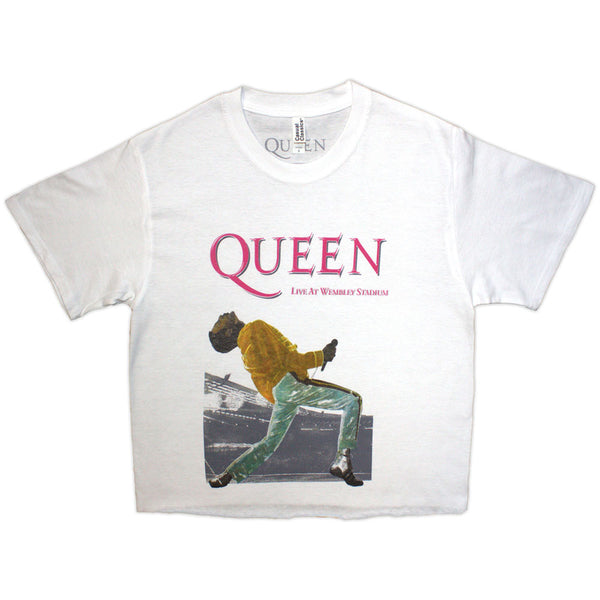 Queen | Official Ladies Crop Top | Wembley Stadium Magenta Logo