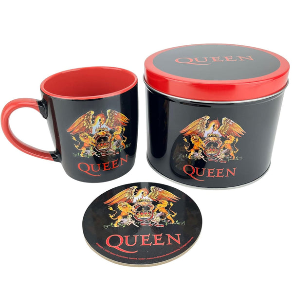 Queen Gift Set with Mug, Coaster & Tin, Keychain, 5 x button badges, pair of socks